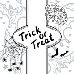 Halloween vector frame. Hand drawn cartoon characters plus pattern. Design for party invitation, store sale, seasonal discount banner, greeting card, background, poster print, decorative elements.