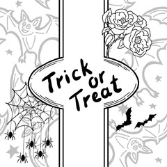 Halloween frame with hand drawn cartoon characters plus pattern. Design for party invitation, store sale, seasonal discount banner, greeting card, background, poster print, decorative elements.