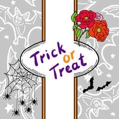 Halloween frame with hand drawn cartoon characters plus pattern. Design for party invitation, store sale, seasonal discount banner, greeting card, background, poster print, decorative elements.