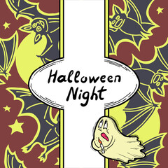 Halloween frame with hand drawn cartoon characters plus pattern. Design for party invitation, store sale, seasonal discount banner, greeting card, background, poster print, decorative elements.