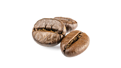 Coffee beans icon. Black espresso coffee bean falling. Aromatic grain flying isolated on white. Concept for coffee product advertising