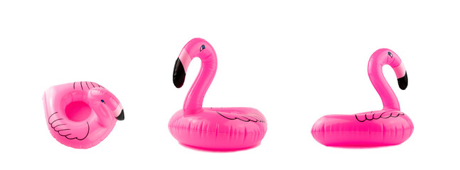 Beach flamingo. Pink pool inflatable flamingo for summer beach isolated on white background. Funny bird toy for kids.