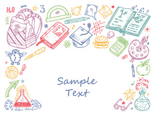 Back to school background with hand drawn doodle school supplies. Vector illustration