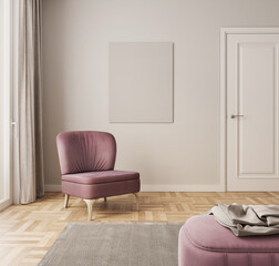Minimalistic interior design. empty poster frame in modern interior background with pink armchair
