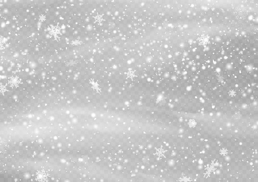 Many white cold flake elements. Magic Christmas eve snowfall. Xmas snowflakes in different shapes. Falling Christmas shining transparent beautiful snow wind with snowdrifts. Vector illustration