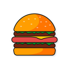 Big Burger with sesame. Fast Food concept. Flat design icon. Vector illustration.