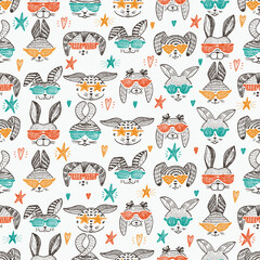Fototapeta premium Hand Drawn Doodle Cute Stylish Trendy Hipster Rabbits with Sunglasses Vector Seamless pattern