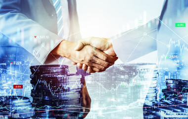 Business handshake on finance prosperity and money technology asset background . Economy and...