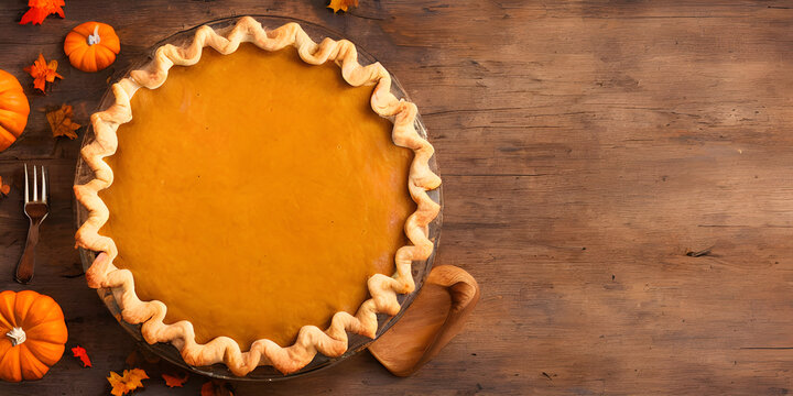 pumpkin pie on wooden table