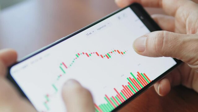 Hands with a mobile phone, checking stock market data. Scrolling through, touching stock market graph on a touch screen device close up. Crypto currency trading.