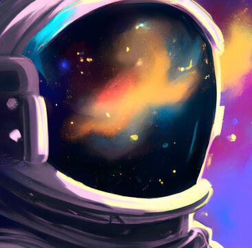 Illustration of colorful artwork of a cosmonaut. Spaceman in space. Cartoon digital painting. Close up of space helmet