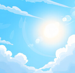 Blue sky with clouds. Anime style background with shining sun and white fluffy clouds