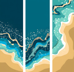 Hand drawn illustration Beach, sand, sea shore with blue waves. Aerial view of ocean waves reaching the coastline. Top view overhead seaside.