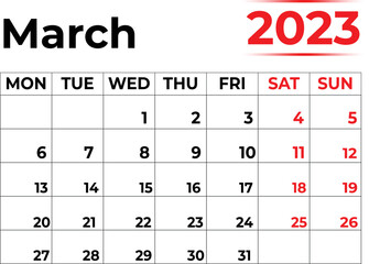 Monthly Calendar March 2023 with Very Clean LOOK