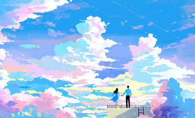 married couple enjoying lovely cloudy bright sky from garret loft