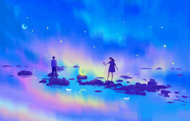 fantasy land of love for couple with sky and ocean anime digital art illustration painting wallpaper