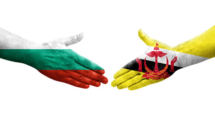 Handshake between Brunei and Bulgaria flags painted on hands, isolated transparent image.