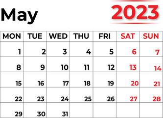 Monthly Calendar  May 2023 with Very Clean LOOK