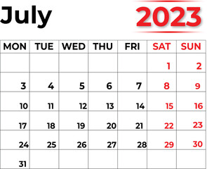 Monthly Calendar July 2023 with Very Clean LOOK