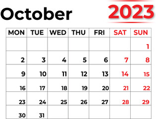 Monthly Calendar October 2023 with Very Clean LOOK