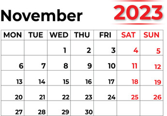 Monthly Calendar November 2023 with Very Clean LOOK