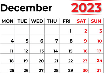 Monthly Calendar December 2023 with Very Clean Look