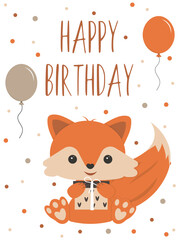cute happy birthday card with fox