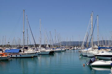 Fototapeta na wymiar Sail boats inside Gouvia marine in Corfu island.