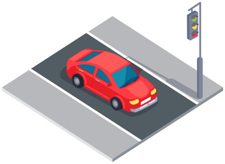 Car near traffic light on street. Driver stops in front of signal electric lantern. Movement and transportation in city. Track with car and road marking. Automobile stands at road with traffic light