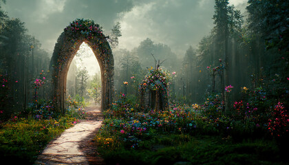 Spectacular archway covered with vine in the middle of fantasy fairy tale forest landscape, misty on spring time. Digital art 3D illustration.