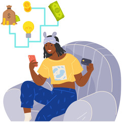 Fund raising poster with scheme of capital increase. Light bulb as symbol of idea and financial strategy. Woman studies investment and business. Girl with smartphone analyzes structure of income