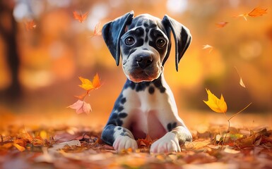 3D-Rendered Great Dane puppy playing outside and enjoying the autumn weather. computer-generated image meant to mimic photorealism - obrazy, fototapety, plakaty