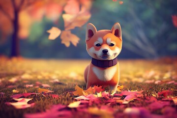 3D-Rendered Shiba Inu puppy playing outside and enjoying the weather. computer-generated image meant to mimic photorealism