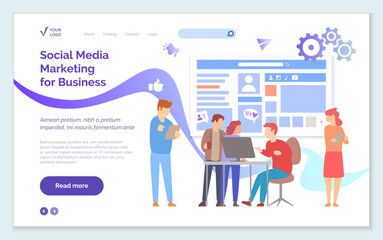 Social media marketing for business web page template. Increase followers with successful marketing strategies: people confer about likes and reactions to social media profile on business page