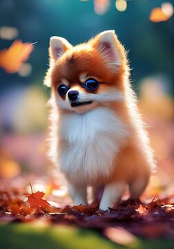 3D-Rendered Pomeranian puppy playing outside and enjoying the autumn weather. computer-generated image meant to mimic photorealism