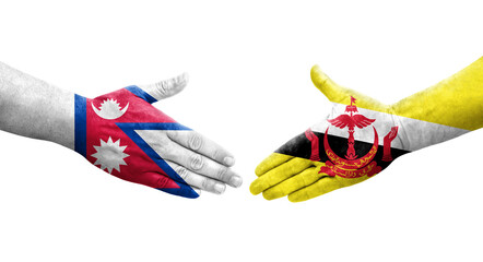 Handshake between Brunei and Nepal flags painted on hands, isolated transparent image.