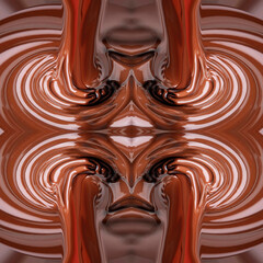 Beautiful seamless brown background with symmetrical patterns. A trickle of liquid chocolate flows down. Glossy chocolate surface.
