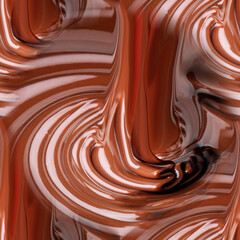 Beautiful seamless brown background. A trickle of liquid chocolate flows down. Glossy chocolate surface.
