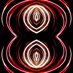 Black seamless abstraction with light rounded lines. Dark glossy surface. Dark texture with white and red smoke and symmetrical patterns.