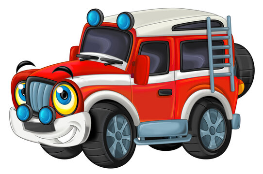 Cartoon funny cartoaon fireman fire truck isolated illustration for children