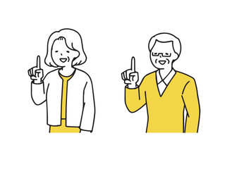 人差し指を立てるシニア夫婦のイラスト　シンプルな線の人物イラスト