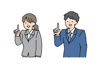 人差し指を立てるスーツ姿の男女のイラスト　シンプルな線の人物イラスト