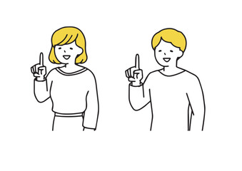 人差し指を立てる男女のイラスト　シンプルな線の人物イラスト