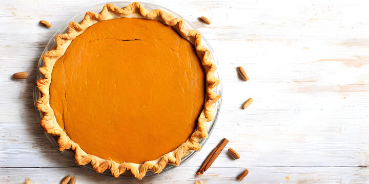 Pumpkin pie on a white wooden board