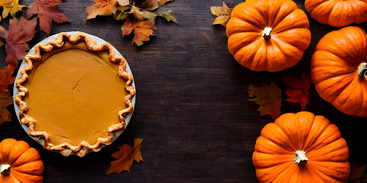 pumpkin , pumpkin pie and autumn leaves on table