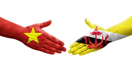 Handshake between Brunei and Vietnam flags painted on hands, isolated transparent image.