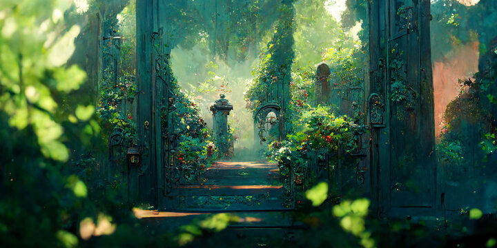 An open iron gate leads to a charming secret garden surrounded by ivy covered trees, 3D rendering. Generative AI