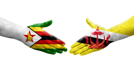 Handshake between Brunei and Zimbabwe flags painted on hands, isolated transparent image.