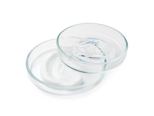 Petri dishes and cosmetic products on white background
