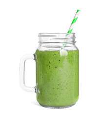 Mason jar of healthy detox smoothie on white background